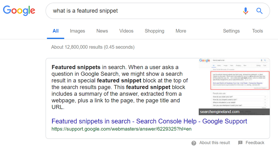 What a Featured Snippet looks like on Google search
