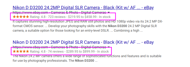 Image of how to utilize structured data. In this case, to show ratings and price range.