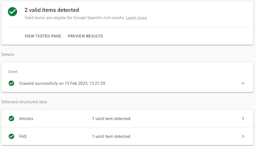 Result shown by rich results testing tool