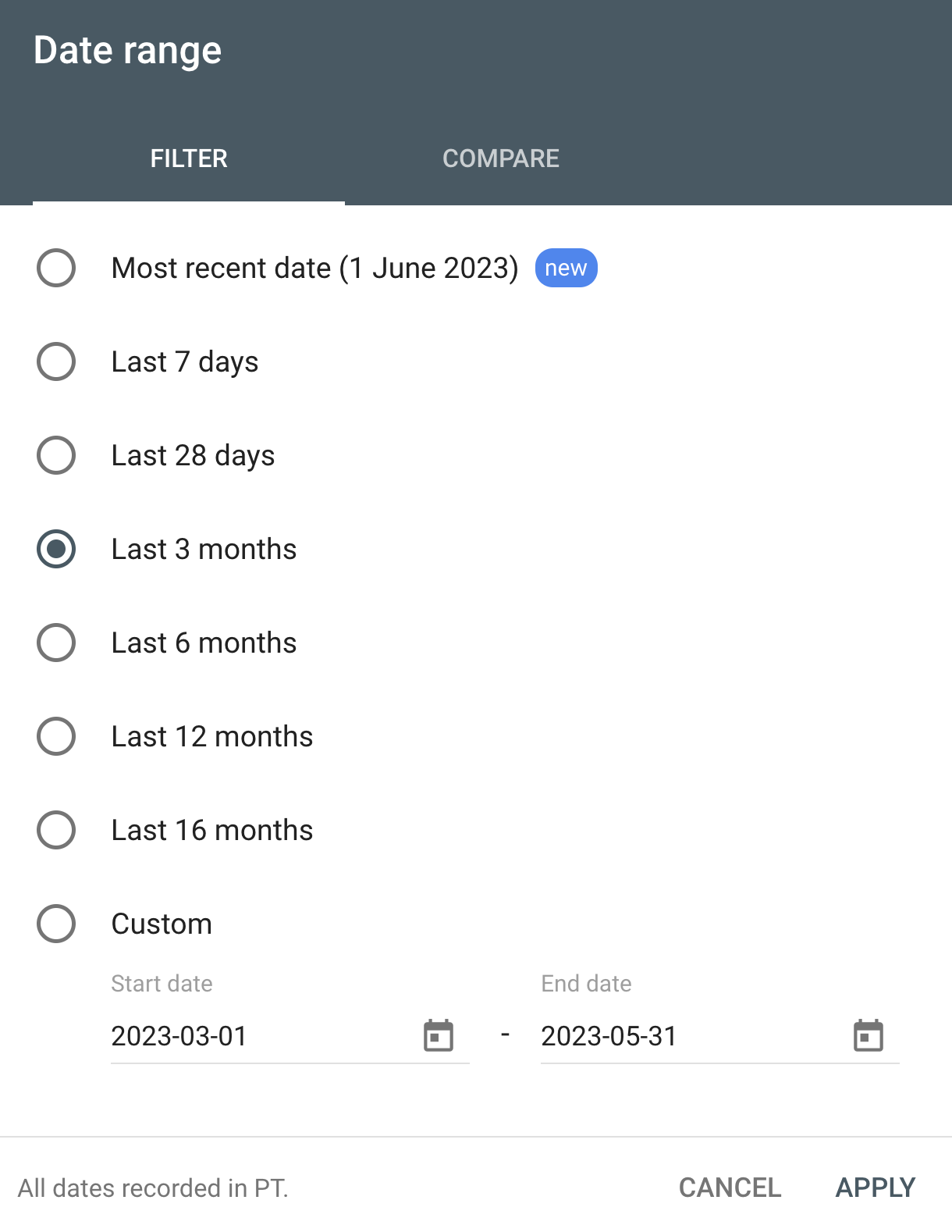 GSC date range filters