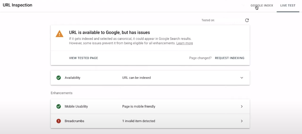 Google search console URL inspection tool