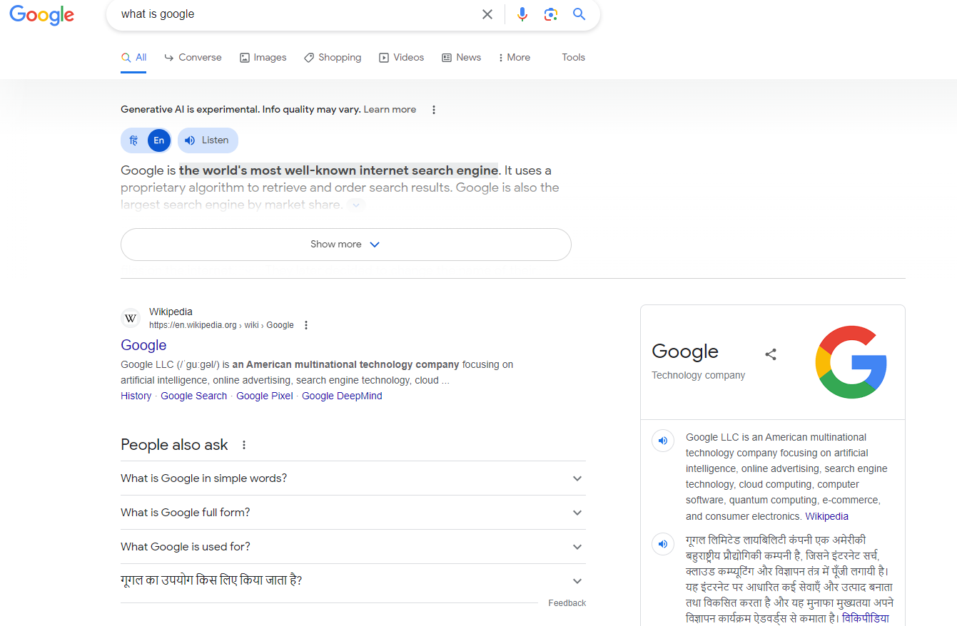 Google SERP Results with FAQ, People Also Ask, & Knowledge Panel in Desktop