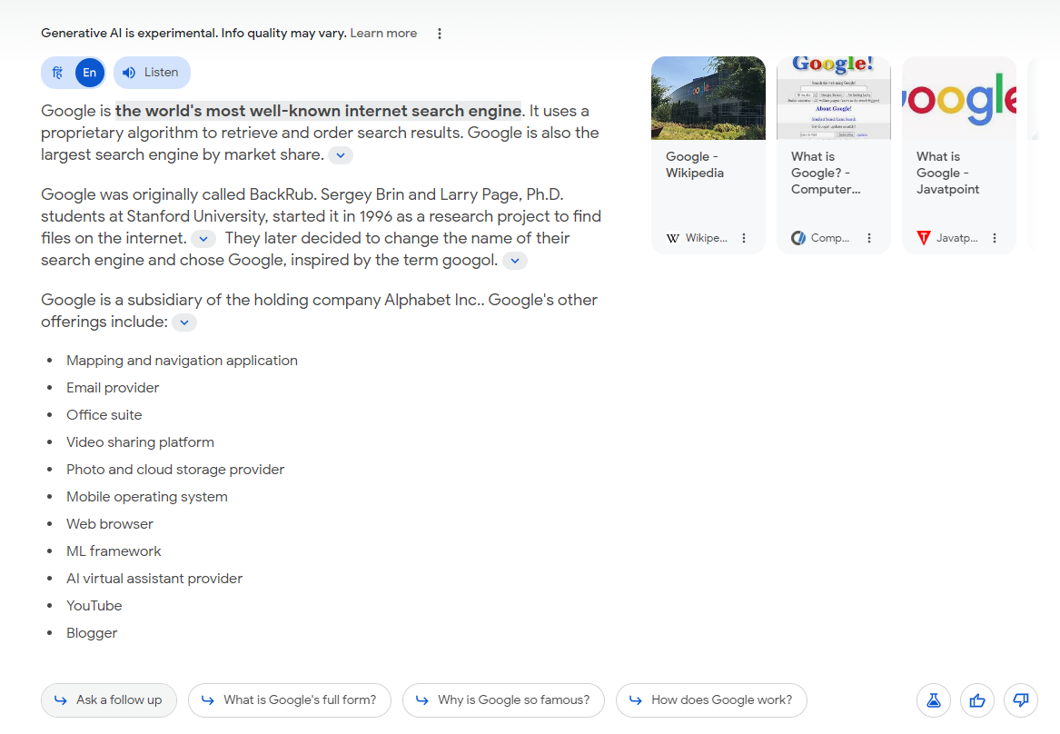 Google SGE for SERP with FAQ, People Also Ask, & Knowledge Panel in Desktop