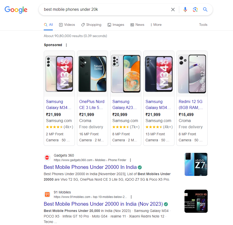 Google SERP Results with Product Details and Store Listings