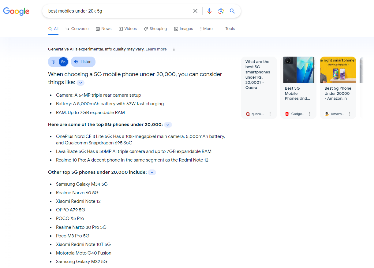 Google SGE Results with Product Details and Store Listings