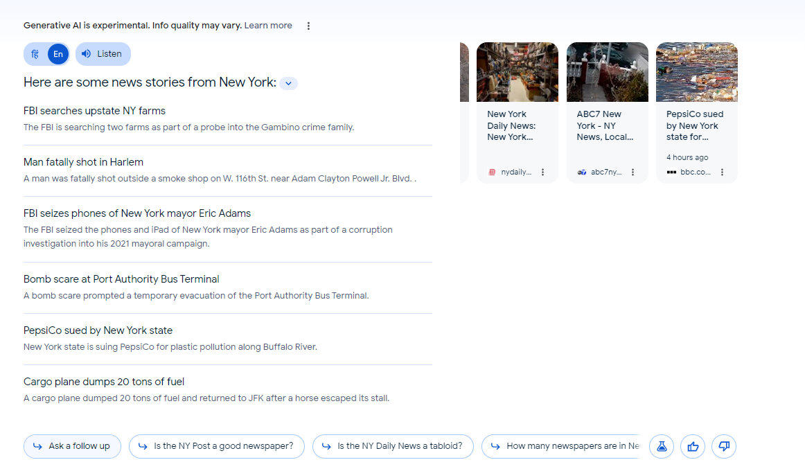 Google SGE Results for News and Top Stories