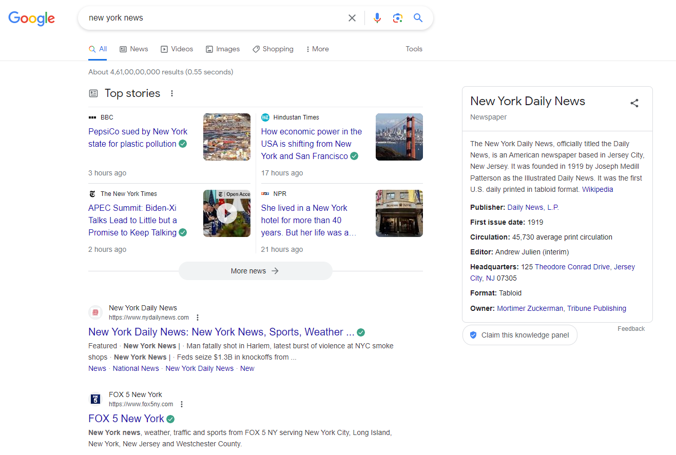 Google SERP Results for News and Top Stories