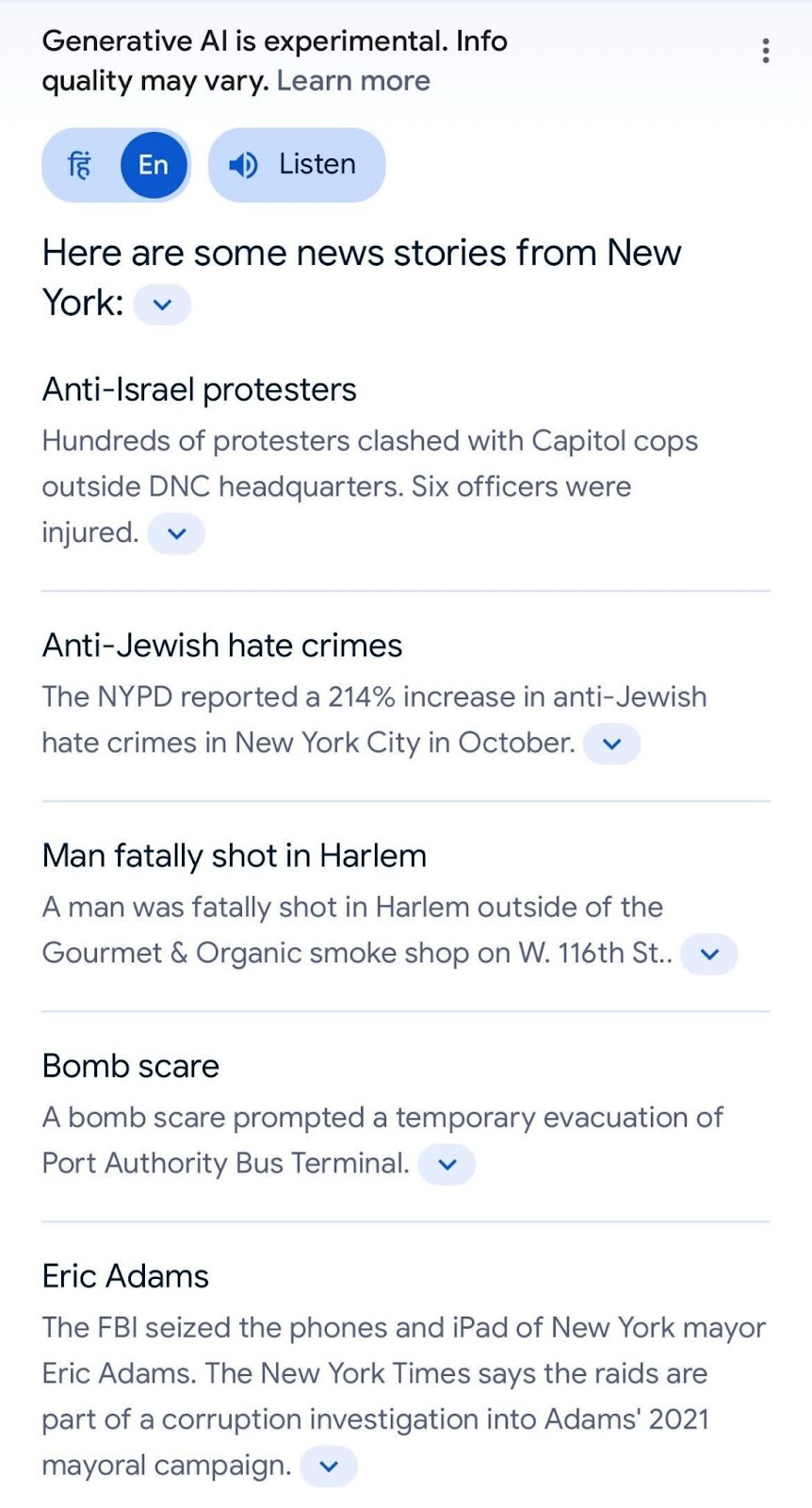 Google SGE Results for News and Top Stories in Mobile