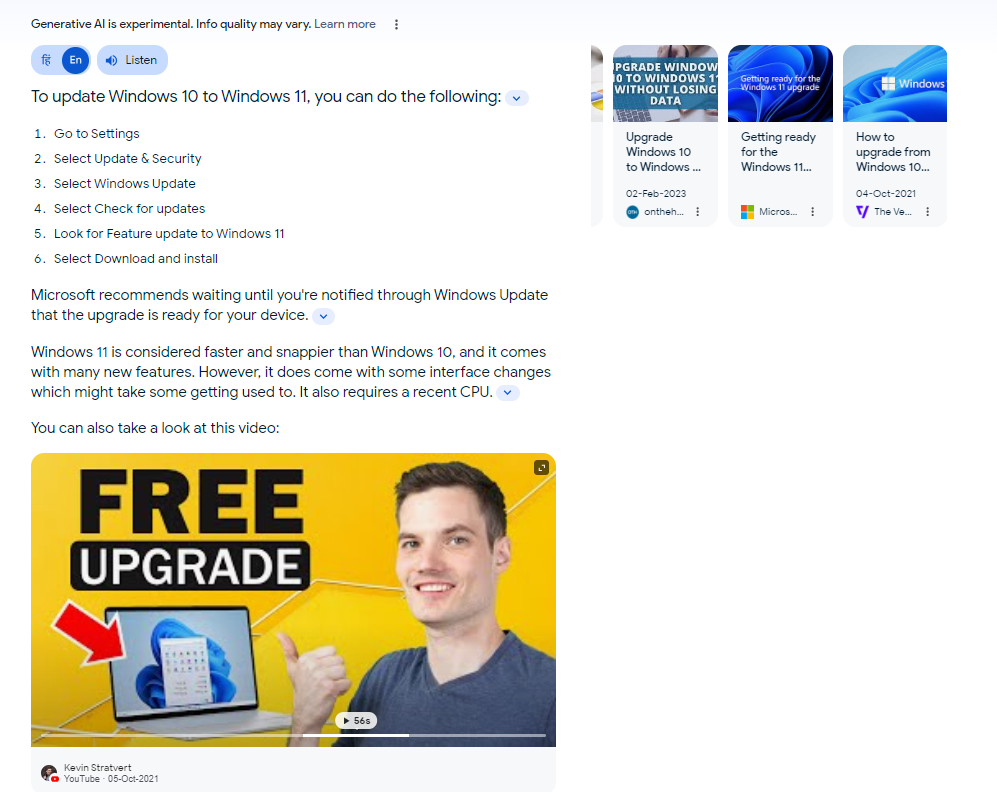 Google SGE Results with Video
