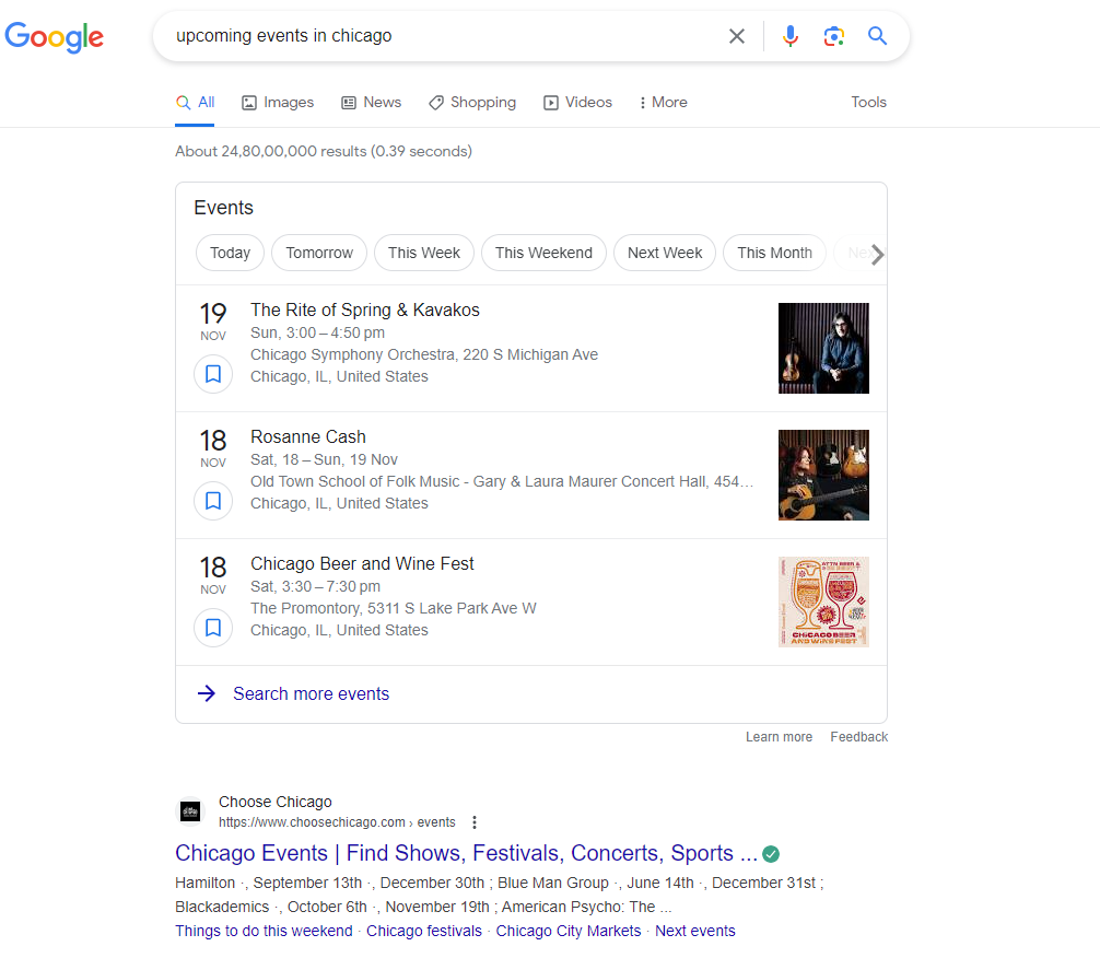 Google SERP Results with Events
