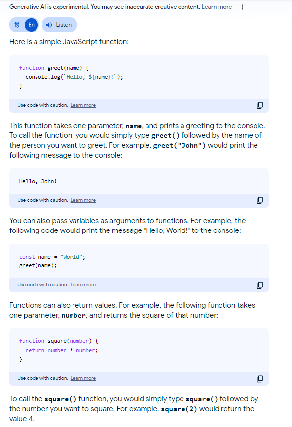 Google SGE Results with Code Tips