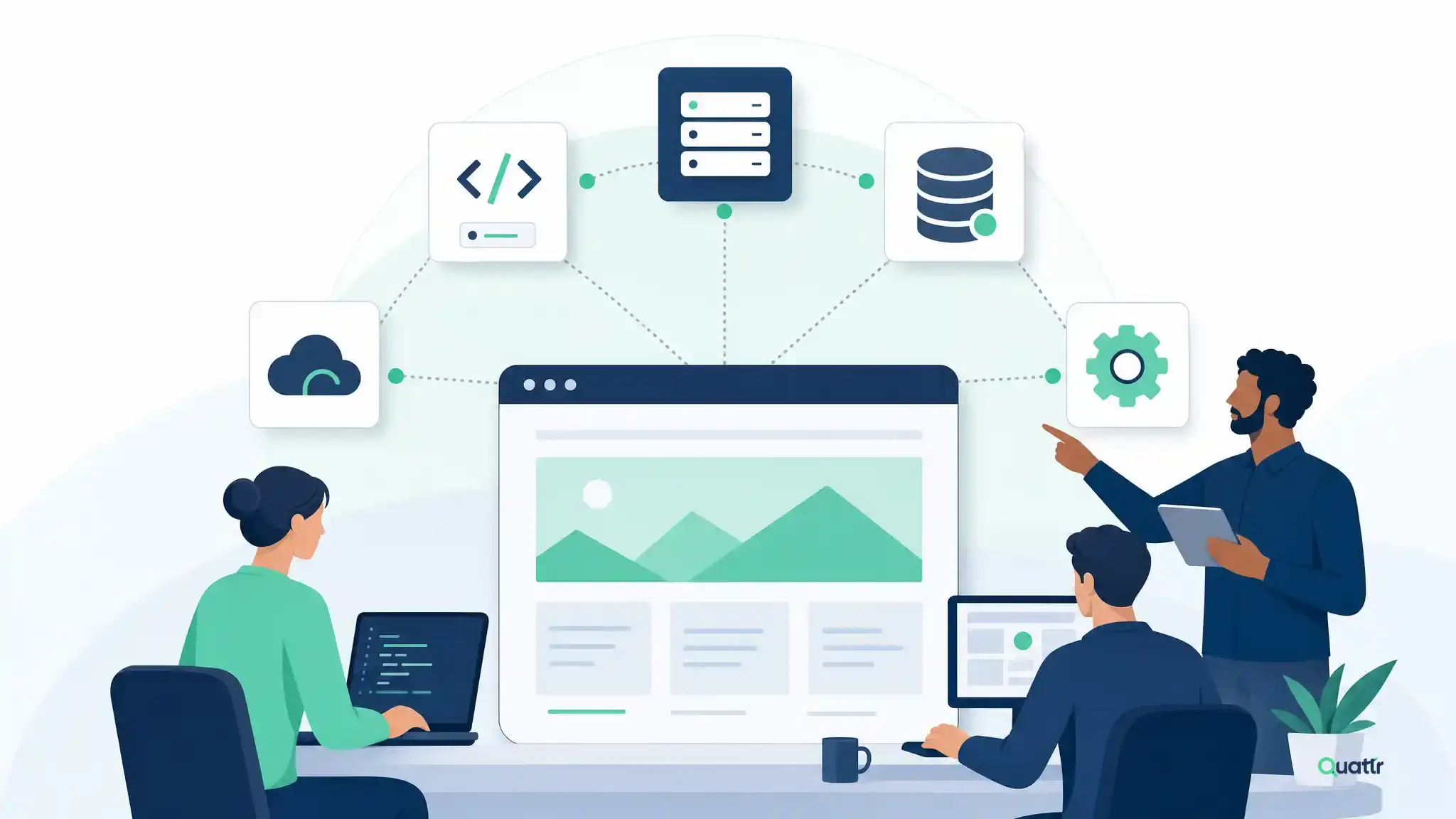 Three colleagues review a website connected to server, code and data systems.