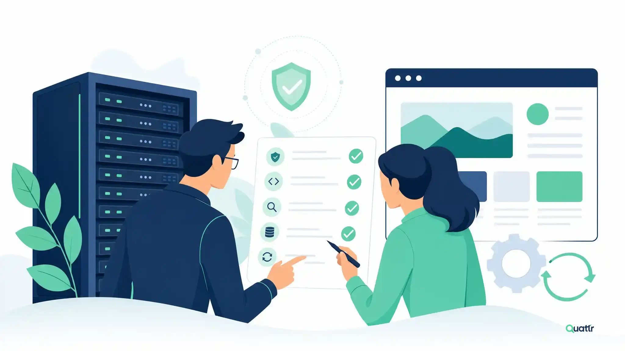 Illustration of two colleagues reviewing a website checklist beside a server, browser window and security shield