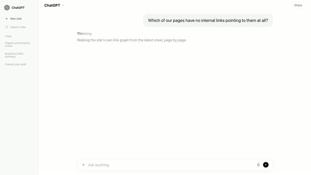 A card titled Orphan pages, from our own site crawl, finding 412 of 15,204 pages with nothing pointing to them and 38 that still earn 6,200 clicks a month.