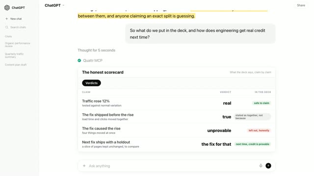 A verdict card reading What the deck says, claim by claim: the 12% traffic rise marked real and safe to claim, the fix shipping before the rise marked true but stated as together not because, the fix caused the rise marked unprovable, and the next fix shipping with a holdout so the credit is provable.