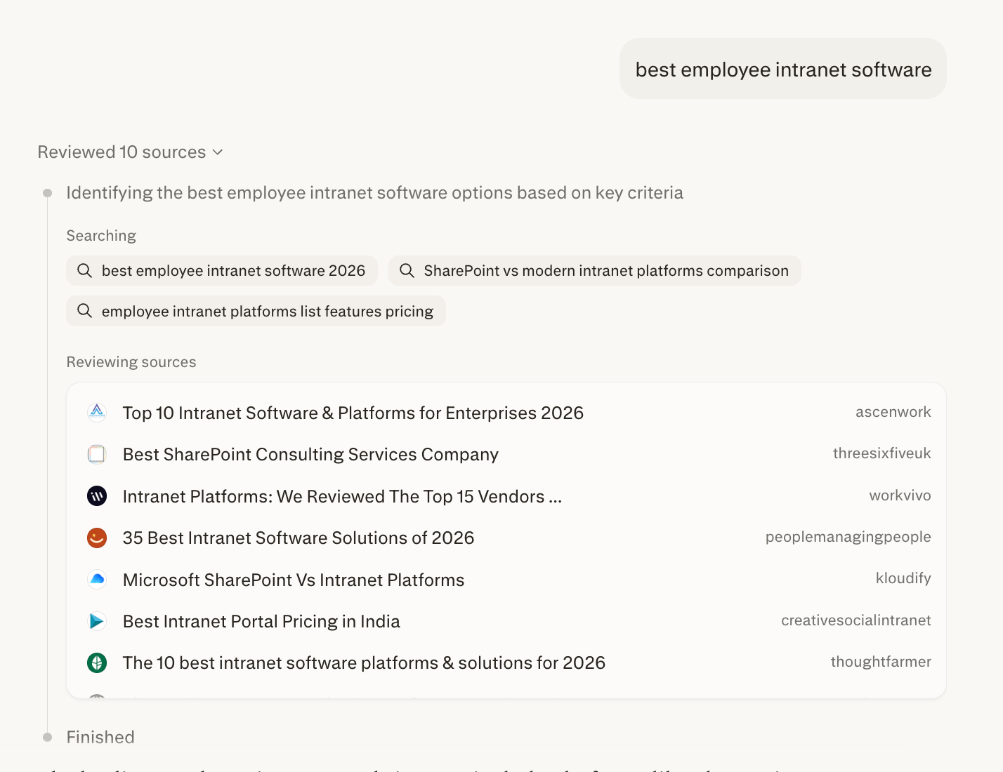 Screenshot of Perplexity AI searching and reviewing 10 sources for the query 