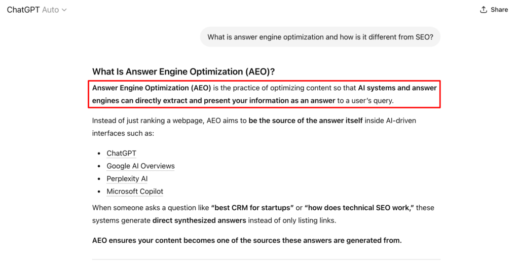 ChatGPT response to how AEO works?