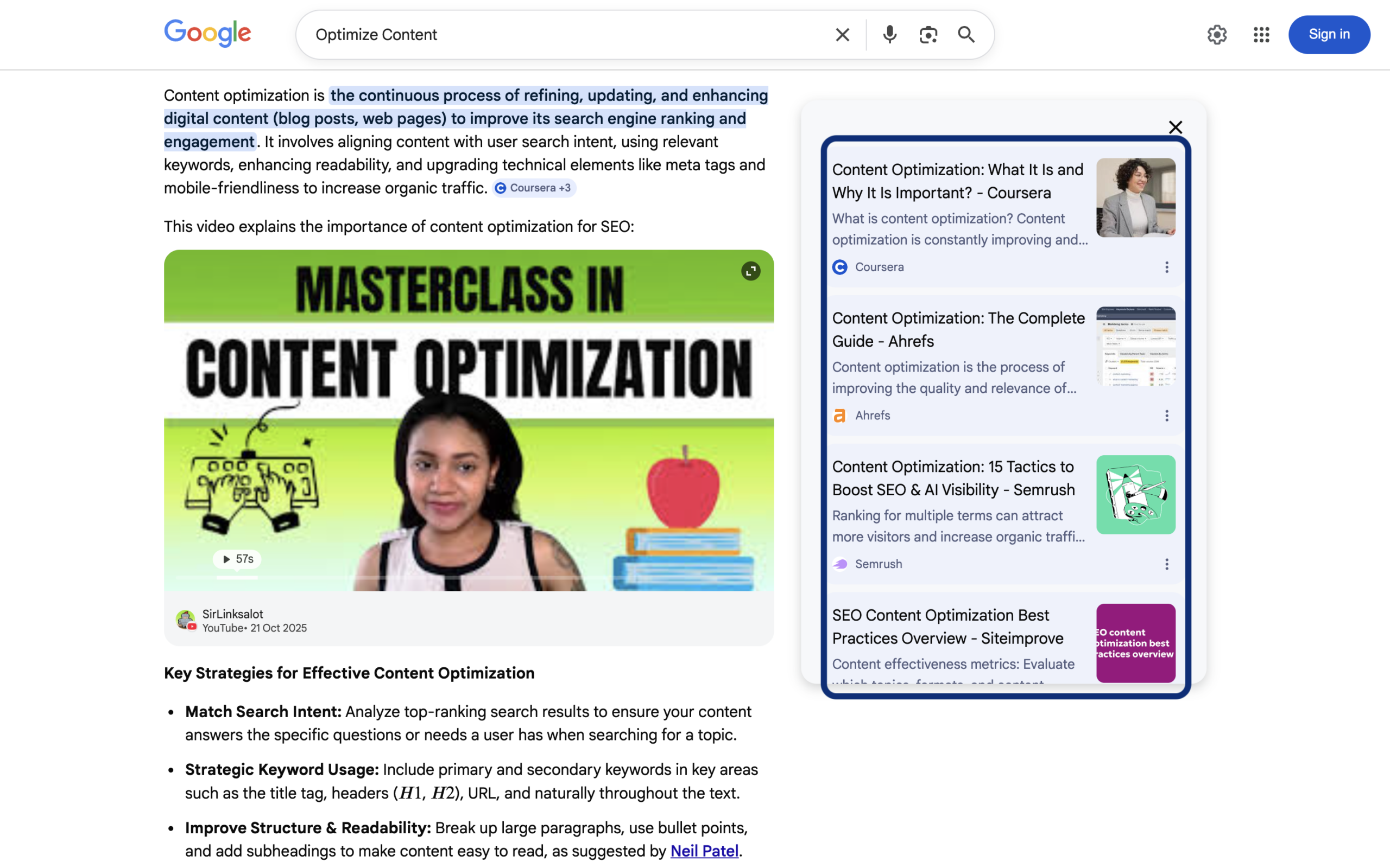 Example of how AI selects and displays sources in search results