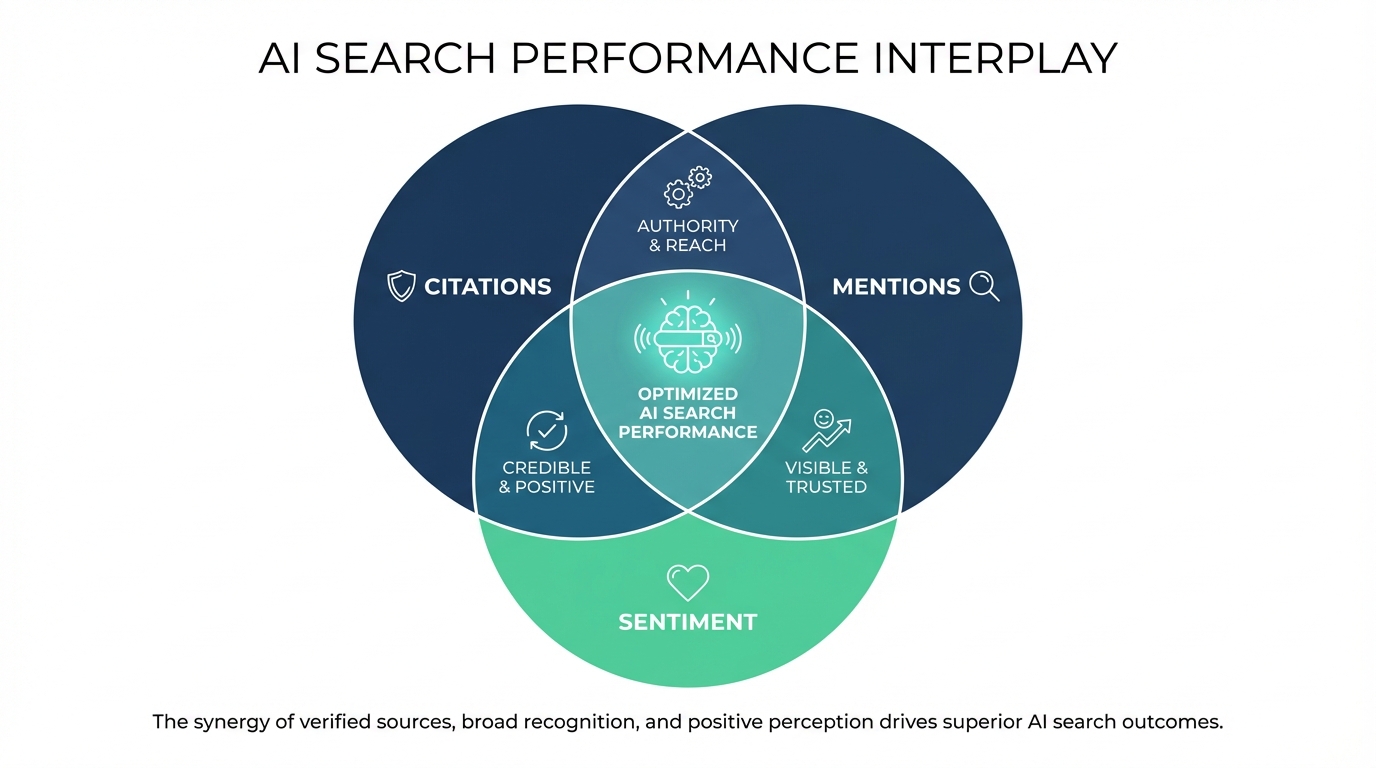 Quattr ranking-insights diagram linking citations, mentions, and sentiment to AI search wins