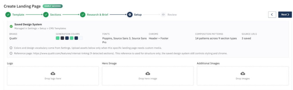 Quattr GIGA saved design system showing brand colors, fonts, and composition patterns for landing page generation