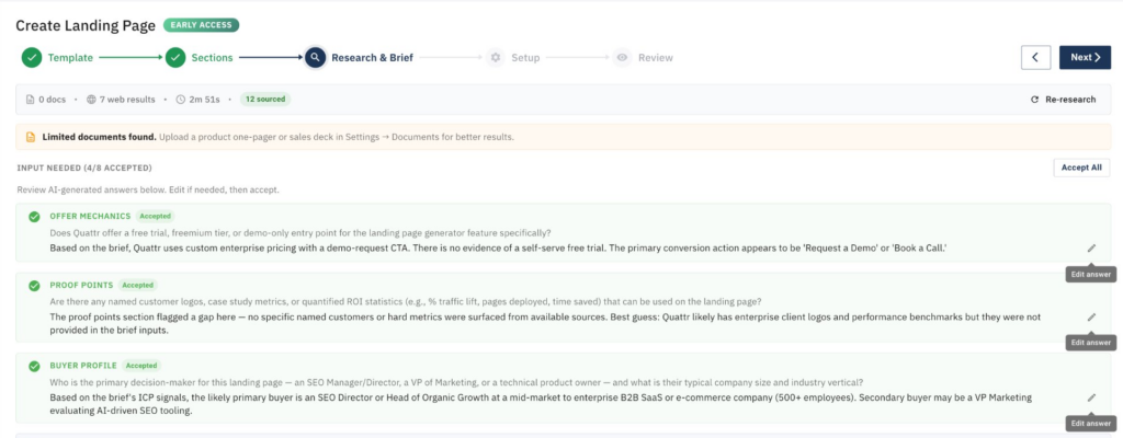 Quattr GIGA research and brief stage showing AI-generated answers for offer mechanics, proof points, and buyer profile awaiting human approval