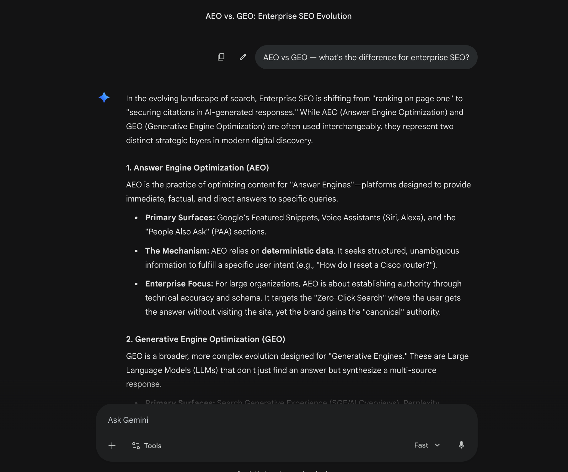 Gemini AI response comparing answer engine optimization and generative engine optimization