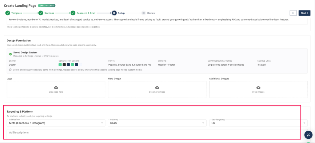 GIGA Landing page generator showcasing Configuration of Ad Platform Directly inside the Workflow