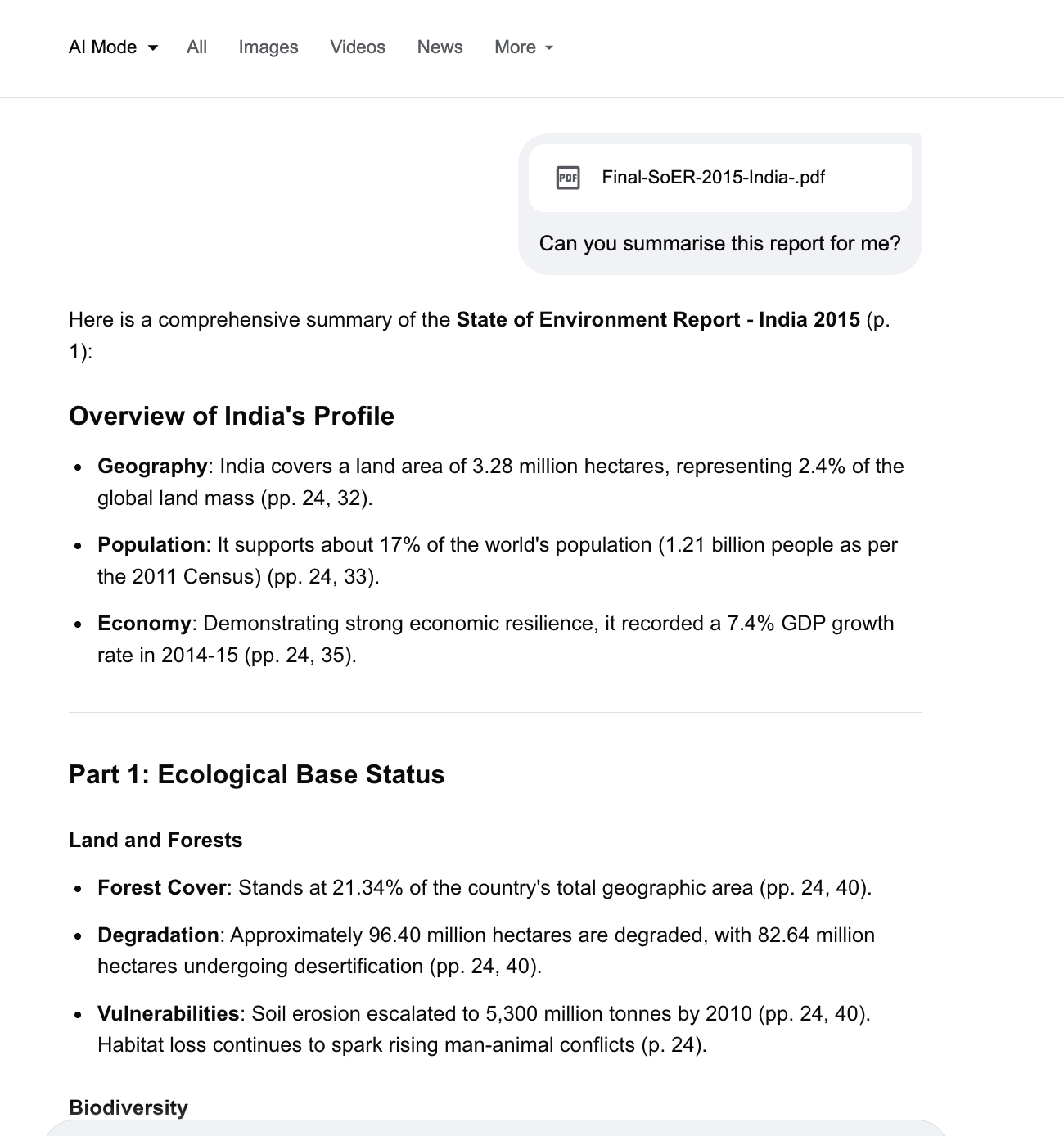 Search Summarizing an Uploaded Report