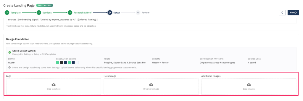 GIGA Landing Page builder showcasing uploading of product imagery to generate high-quality brand-aligned images