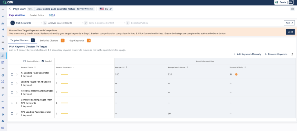 GIGA Landing page generator dashboard showing choosing of keyword