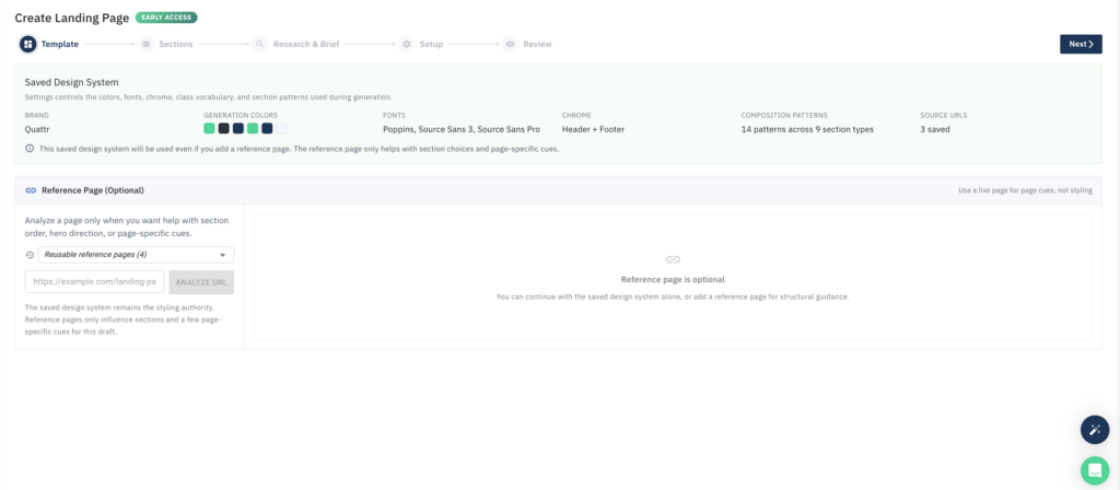 GIGA Landing Page builder showing design system and reference page upload section