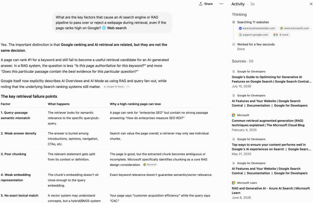 ChatGPT answer for the query "What are the key factors that cause an AI search engine or RAG pipeline to pass over or reject a webpage during retrieval, even if the page ranks high on Google?" and its sources