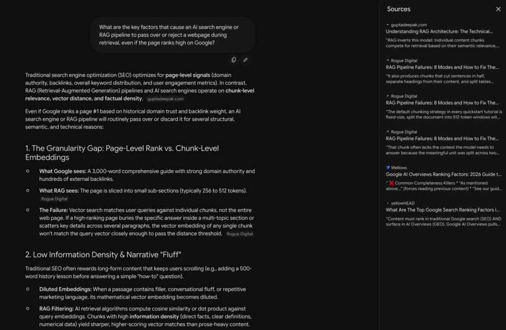 Gemini answer for the query "What are the key factors that cause an AI search engine or RAG pipeline to pass over or reject a webpage during retrieval, even if the page ranks high on Google?" and its sources